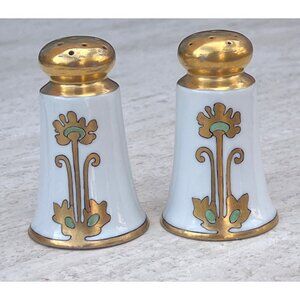Rare Davidson Art Nouveau Porcelain Salt & Pepper Shakers Gold Floral Accents